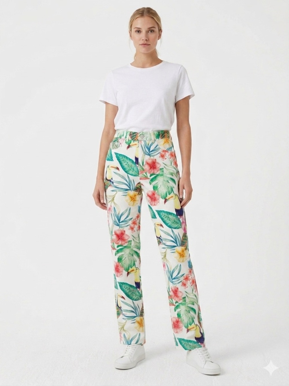 100% Cotton White High-Rise Mom Jeans with Tropical Print